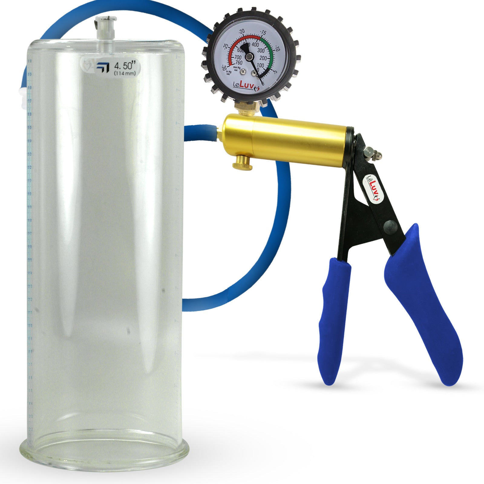 Ultima Brass Blue Silicone Grip, Silicone Hose | Penis Pump + Protected Gauge | 12" x 4.50" Cylinder