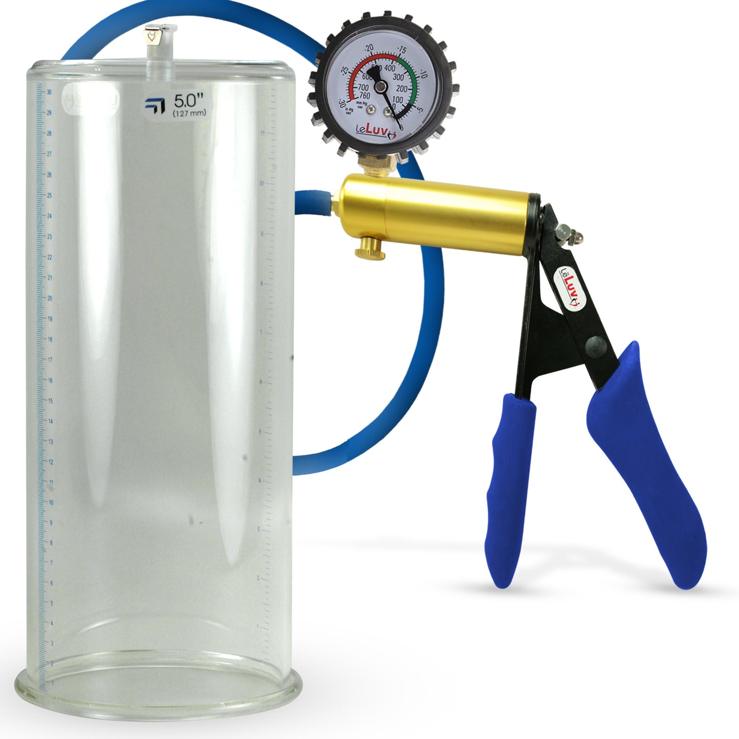 Ultima Brass Blue Silicone Grip, Silicone Hose | Penis Pump + Protected Gauge | 12" x 5.00" Cylinder