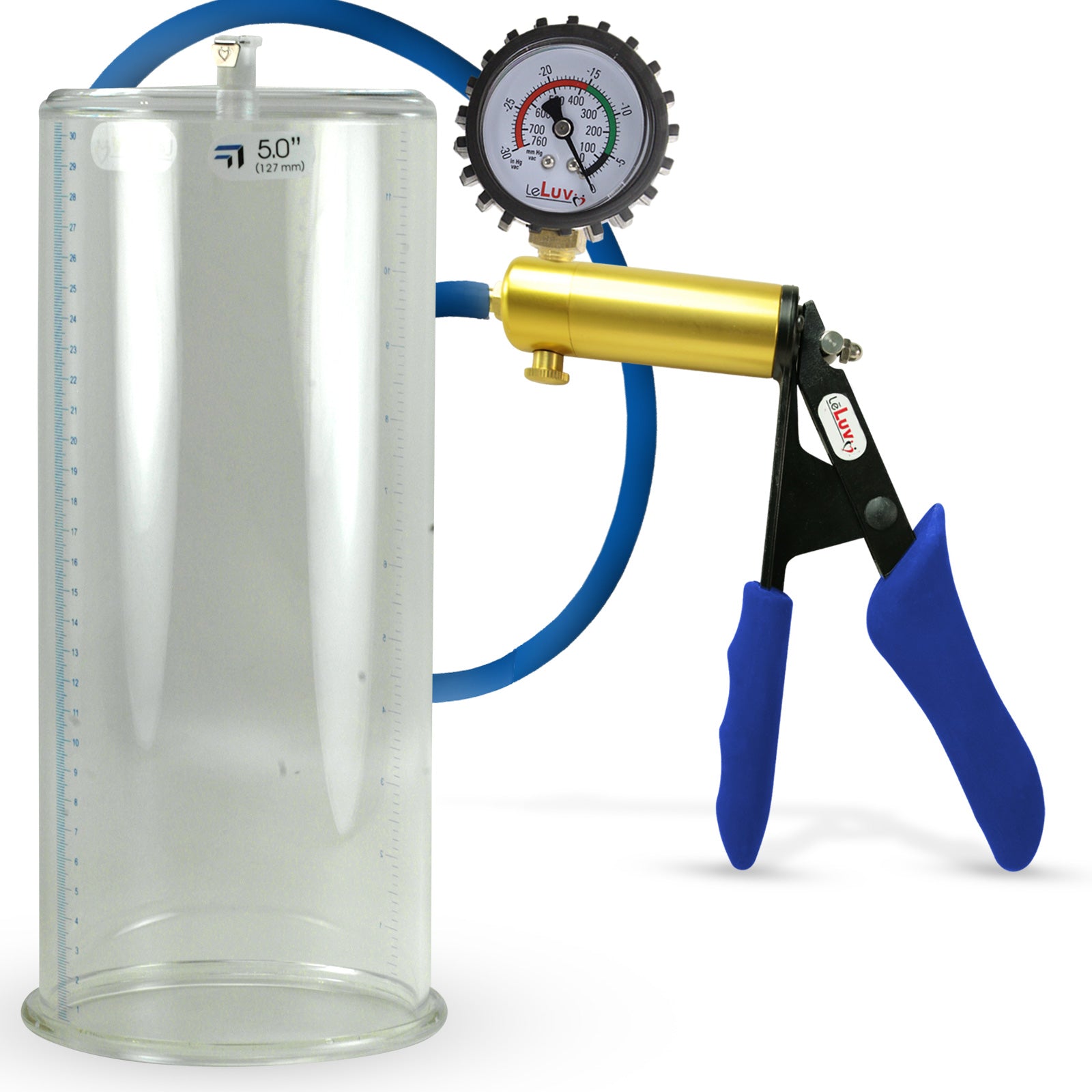 Ultima Brass Blue Silicone Grip, Silicone Hose | Penis Pump + Protected Gauge | 12" x 5.00" Cylinder