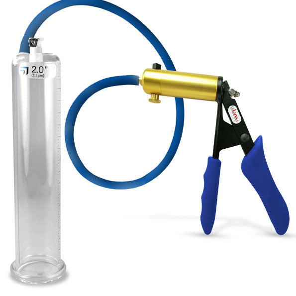 LeLuv® Ultima Brass Penis Pump - Blue Silicone Grip and Hose with Round Flange Cylinders