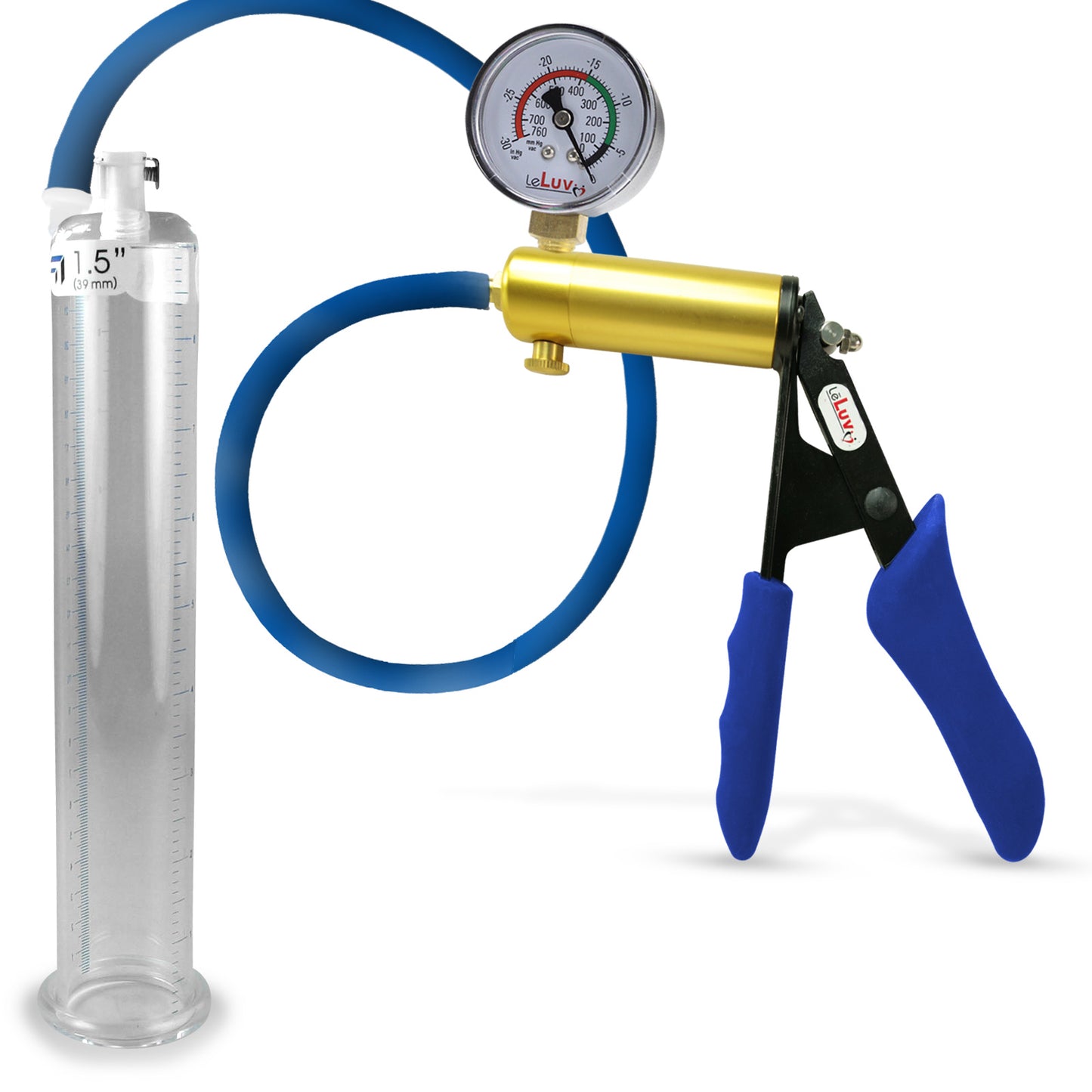 Ultima Brass Blue Silicone Grip, Silicone Hose | Penis Pump + Gauge | 9" x 1.50" Cylinder