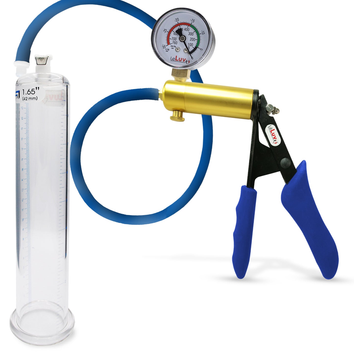 Ultima Brass Blue Silicone Grip, Silicone Hose | Penis Pump + Gauge | 9" x 1.65" Cylinder