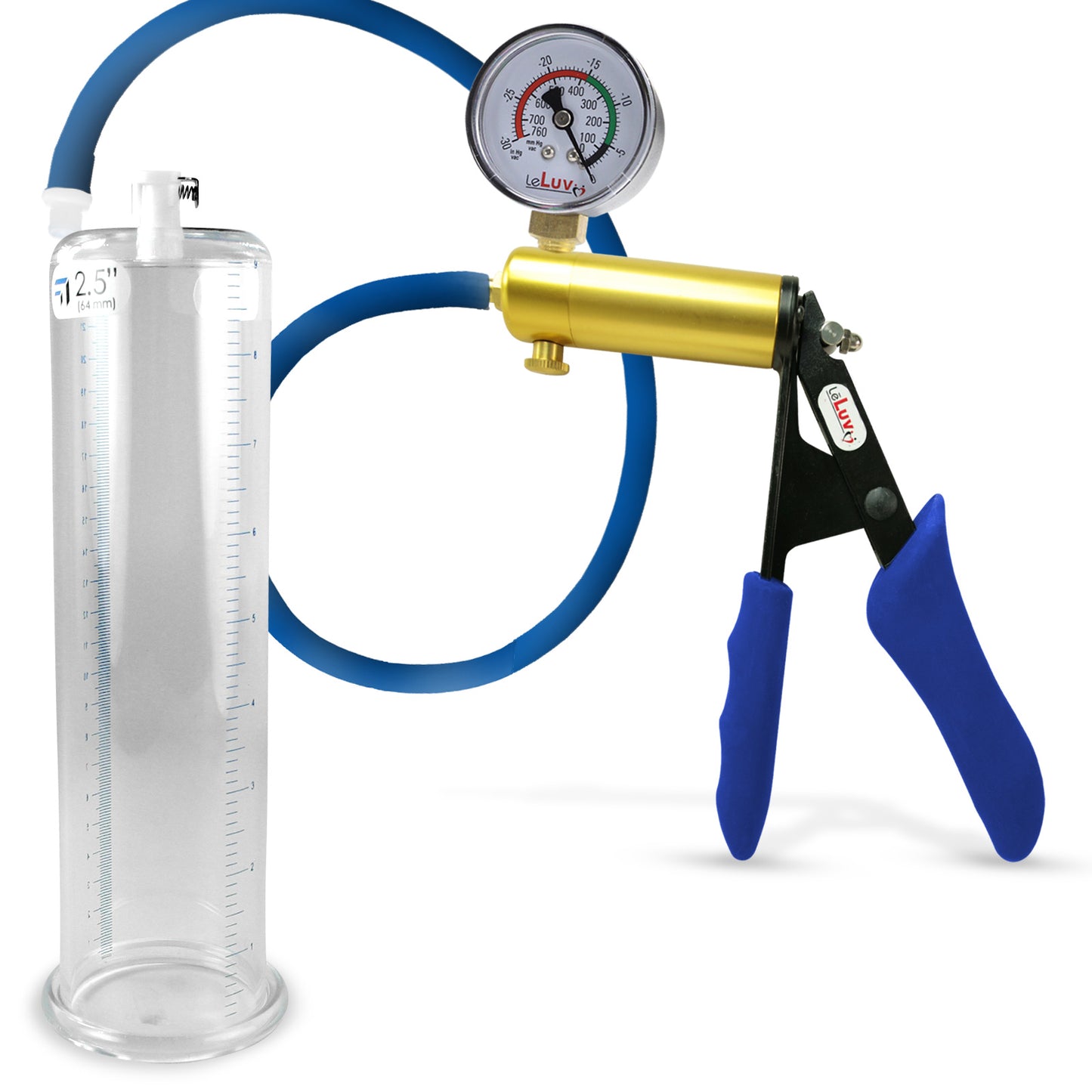 Ultima Brass Blue Silicone Grip, Silicone Hose | Penis Pump + Gauge | 9" x 2.50" Cylinder