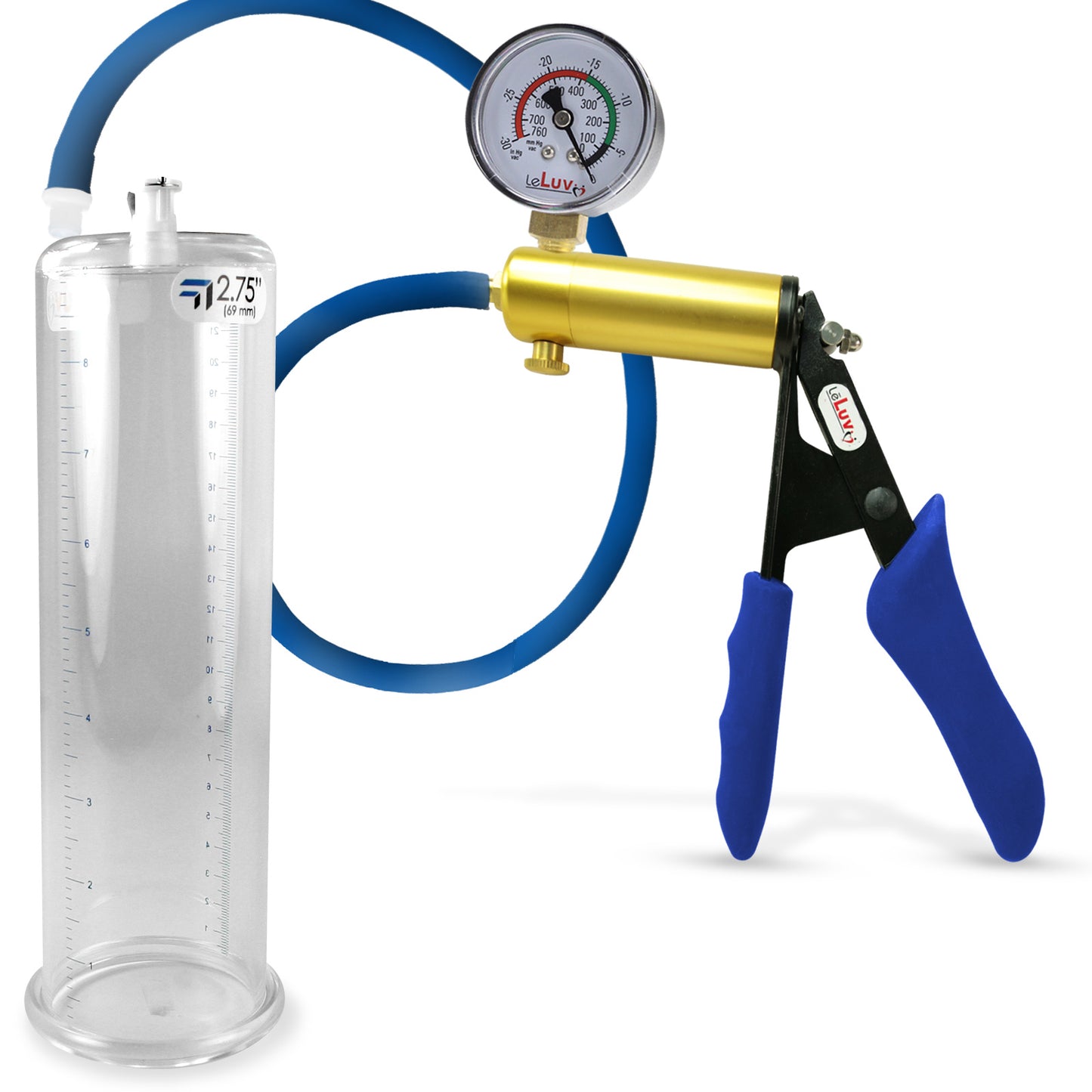 Ultima Brass Blue Silicone Grip, Silicone Hose | Penis Pump + Gauge | 9" x 2.75" Cylinder