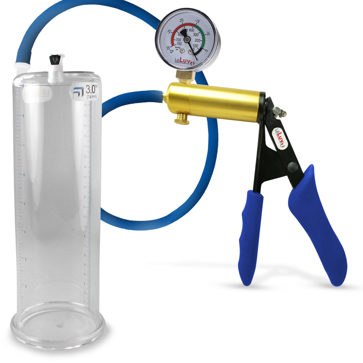 Ultima Brass Blue Silicone Grip, Silicone Hose | Penis Pump + Gauge | 9" x 3.00" Cylinder