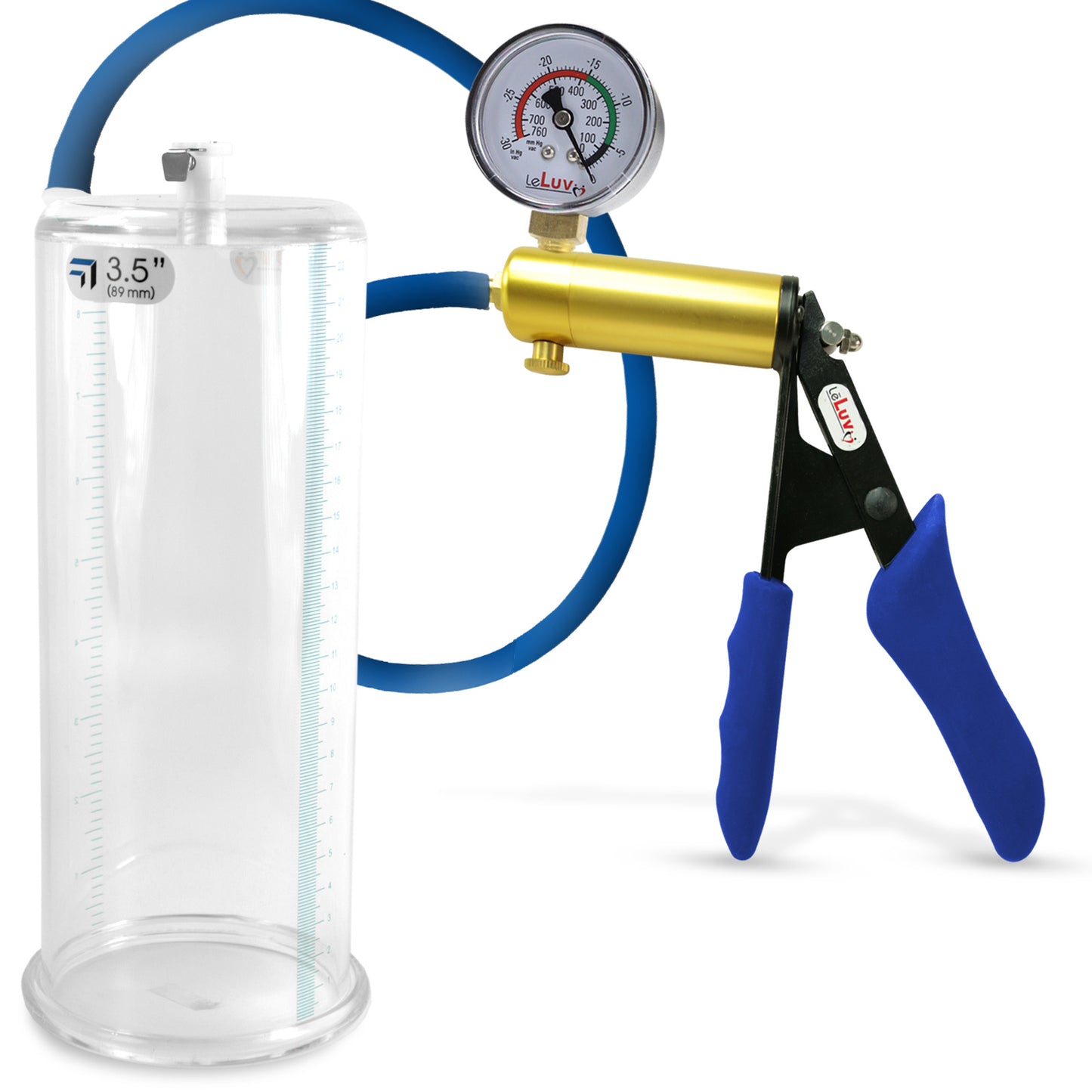 Ultima Brass Blue Silicone Grip, Silicone Hose | Penis Pump + Gauge | 9" x 3.50" Cylinder