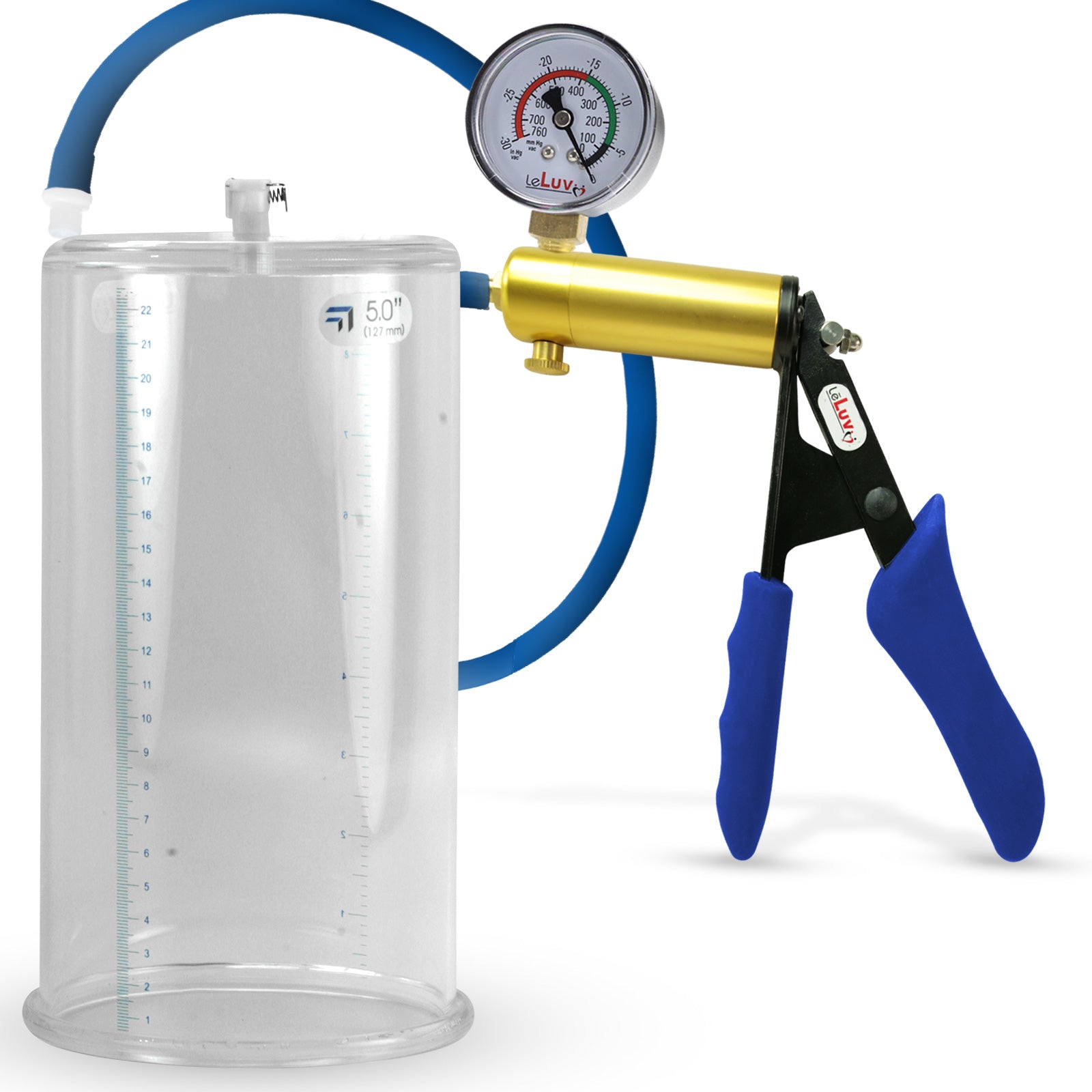 Ultima Brass Blue Silicone Grip, Silicone Hose | Penis Pump + Gauge | 9" x 5.00" Cylinder