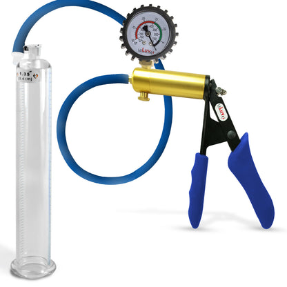 Ultima Brass Blue Silicone Grip, Silicone Hose | Penis Pump + Protected Gauge | 9" x 1.35"