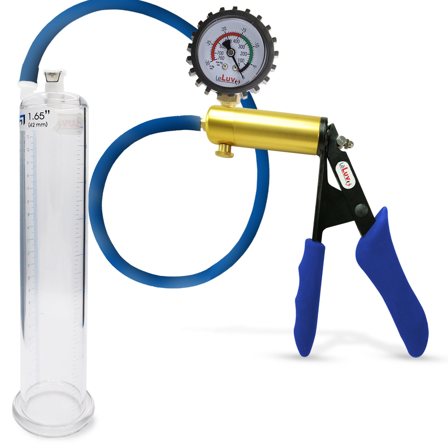 Ultima Brass Blue Silicone Grip, Silicone Hose | Penis Pump + Protected Gauge | 9" x 1.65" Cylinder