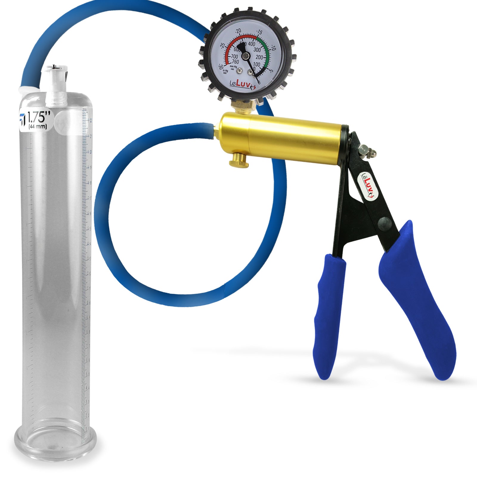 Ultima Brass Blue Silicone Grip, Silicone Hose | Penis Pump + Protected Gauge | 9" x 1.75"