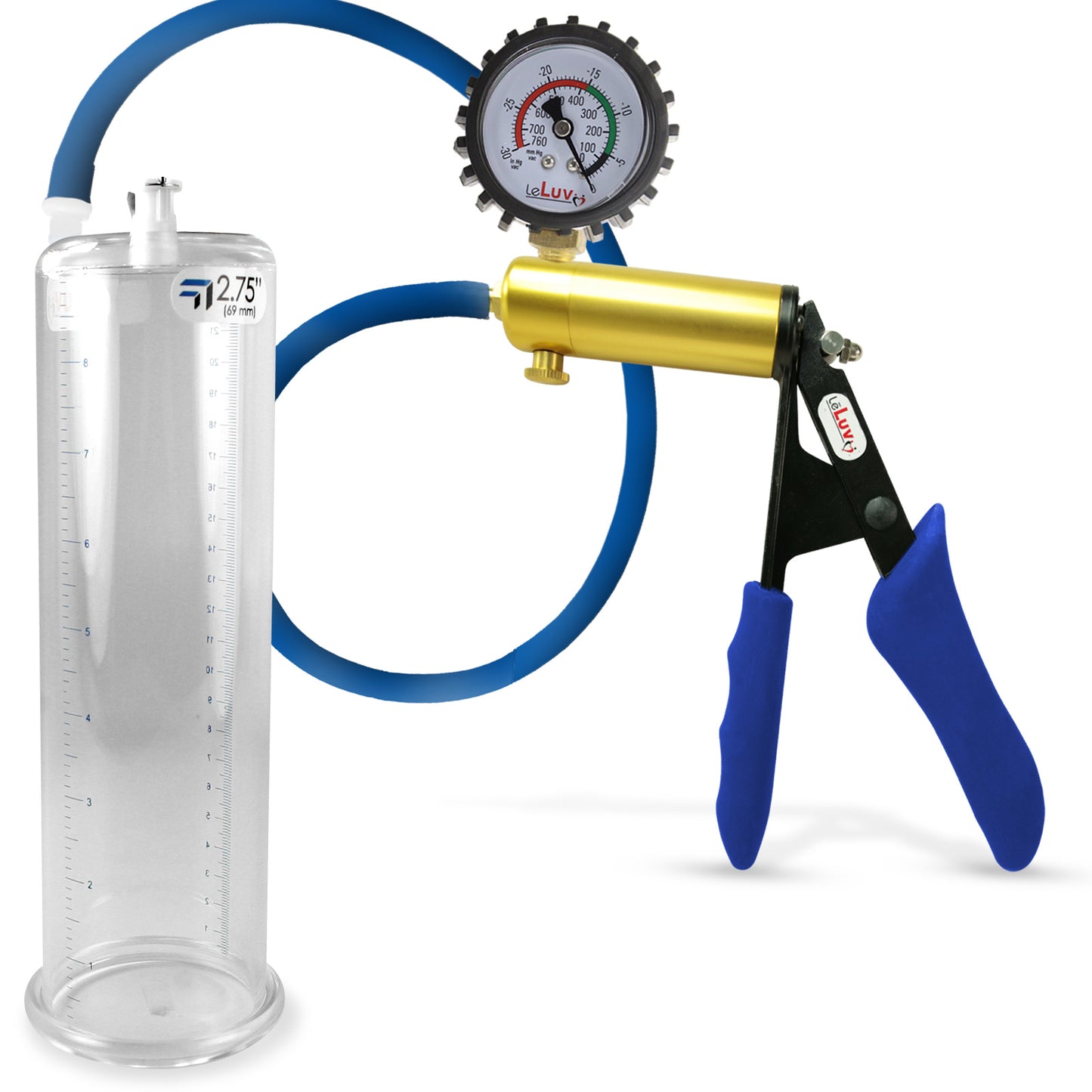 Ultima Brass Blue Silicone Grip, Silicone Hose | Penis Pump + Protected Gauge | 9" x 2.75"