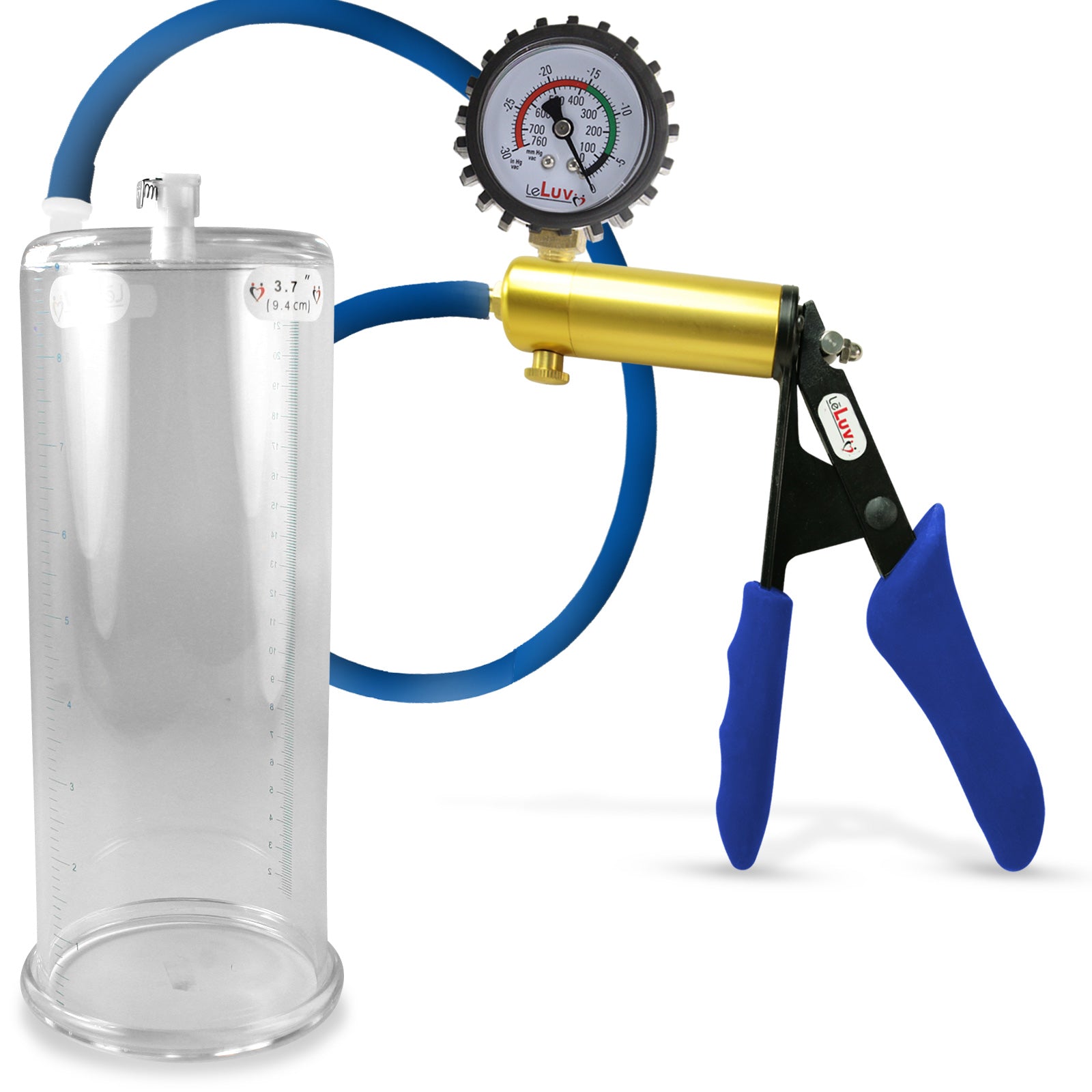 Ultima Brass Blue Silicone Grip, Silicone Hose | Penis Pump + Protected Gauge | 9" x 3.70"