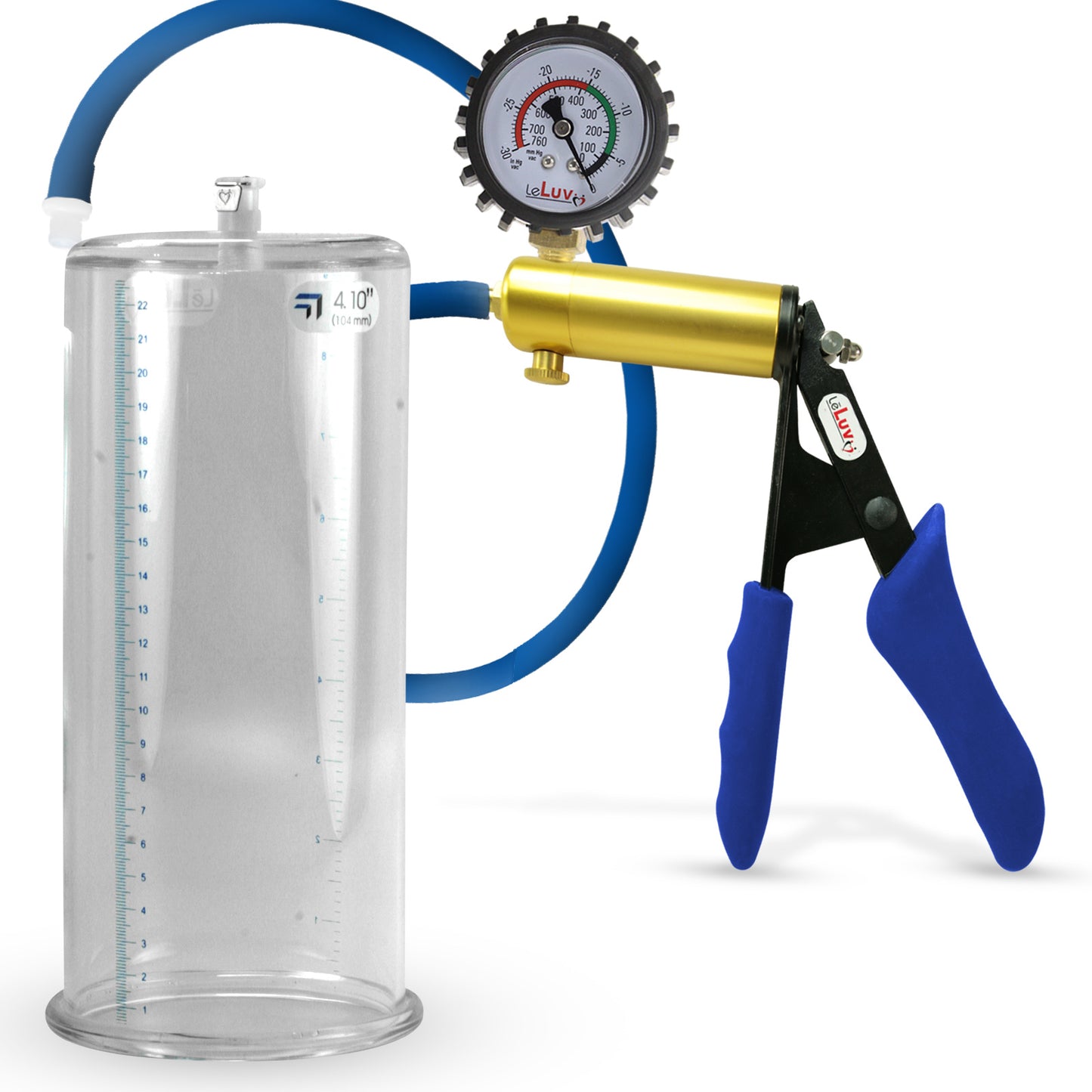 Ultima Brass Blue Silicone Grip, Silicone Hose | Penis Pump + Protected Gauge | 9" x 4.10" Cylinder