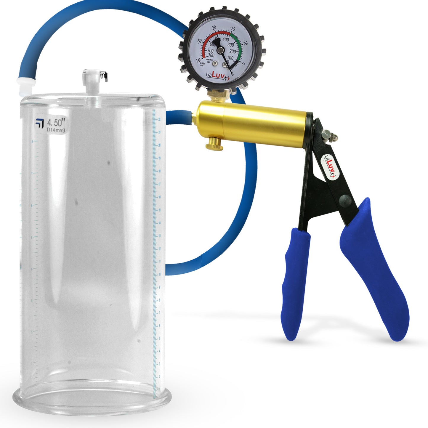 Ultima Brass Blue Silicone Grip, Silicone Hose | Penis Pump + Protected Gauge | 9" x 4.50" Cylinder
