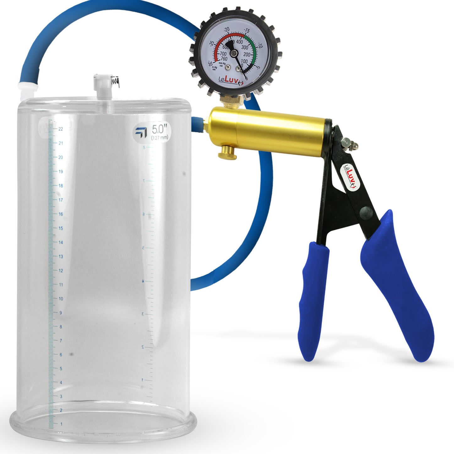 Ultima Brass Blue Silicone Grip, Silicone Hose | Penis Pump + Protected Gauge | 9" x 5.00" Cylinder