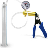 Ultima Brass Blue Silicone Grip, Clear Hose | Penis Pump + Gauge | 12" x 1.35" Cylinder