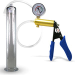 Ultima Brass Blue Silicone Grip, Clear Hose | Penis Pump + Gauge | 12" x 1.75" Wide Flange Cylinder