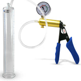 Ultima Brass Blue Silicone Grip, Clear Hose | Penis Pump + Gauge | 12" x 1.75" Cylinder