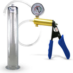 Ultima Brass Blue Silicone Grip, Clear Hose | Penis Pump + Gauge | 12" x 2.00" Wide Flange Cylinder