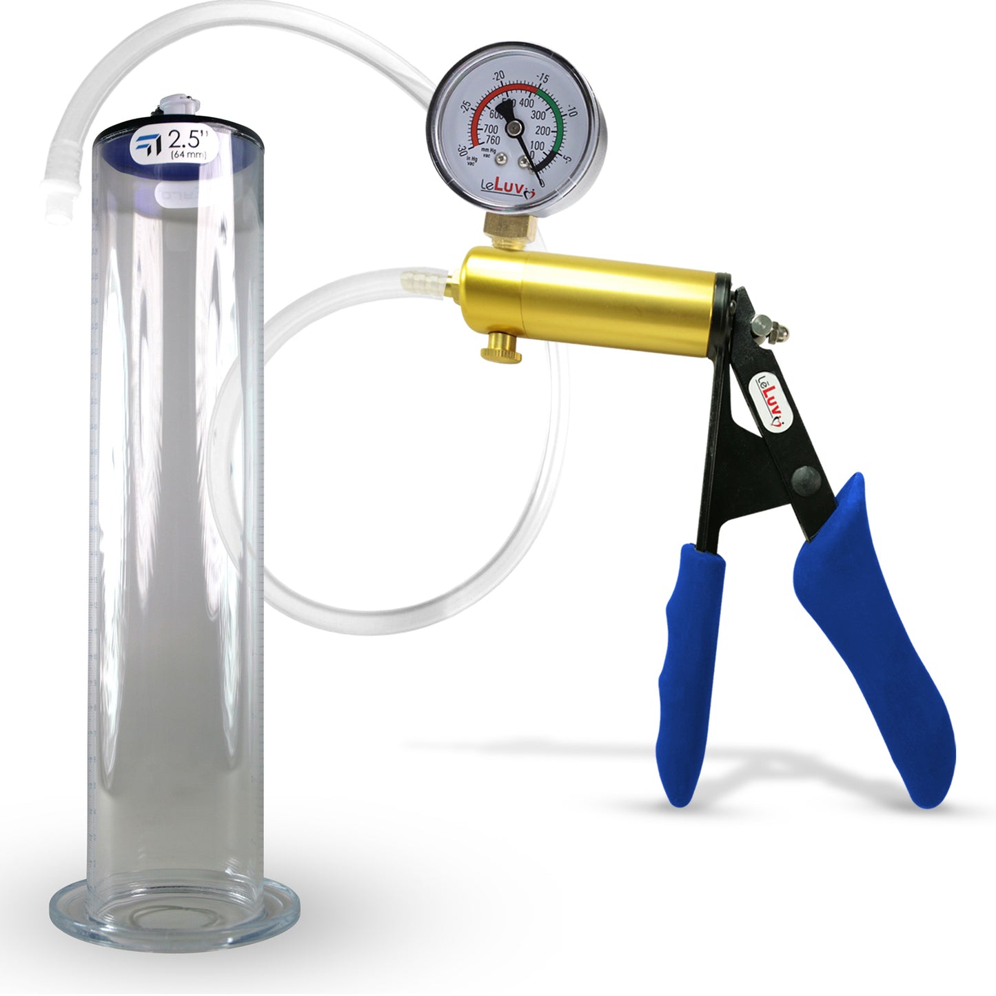 Ultima Brass Blue Silicone Grip, Clear Hose | Penis Pump + Gauge | 12" x 2.50" Wide Flange Cylinder