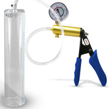 Ultima Brass Blue Silicone Grip, Clear Hose | Penis Pump + Gauge | 12" x 2.50" Cylinder