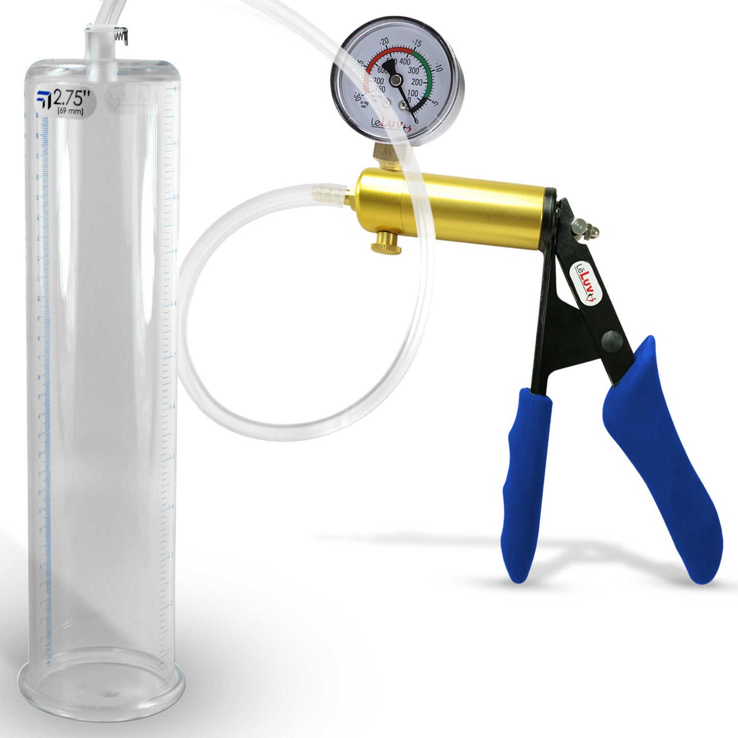 Ultima Brass Blue Silicone Grip, Clear Hose | Penis Pump + Gauge | 12" x 2.75" Cylinder