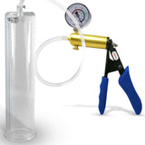 Ultima Brass Blue Silicone Grip, Clear Hose | Penis Pump + Gauge | 12" x 2.75" Cylinder