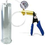 Ultima Brass Blue Silicone Grip, Clear Hose | Penis Pump + Gauge | 12" x 3.00" Cylinder