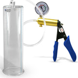 Ultima Brass Blue Silicone Grip, Clear Hose | Penis Pump + Gauge | 12" x 3.50" Cylinder