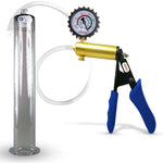 Ultima Brass Blue Silicone Grip, Clear Hose | Penis Pump + Protected Gauge | 12" x 1.75" Wide Flange Cylinder