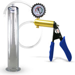 LeLuv® Brass Ultima Penis Pump - Blue  Silicone Grips, Clear Hose with Wide Flange Cylinders