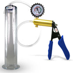 Ultima Brass Blue Silicone Grip, Clear Hose | Penis Pump + Protected Gauge | 12" x 2.25" Wide Flange Cylinder