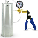 Ultima Brass Blue Silicone Grip, Clear Hose | Penis Pump + Protected Gauge | 12" x 4.10" Cylinder