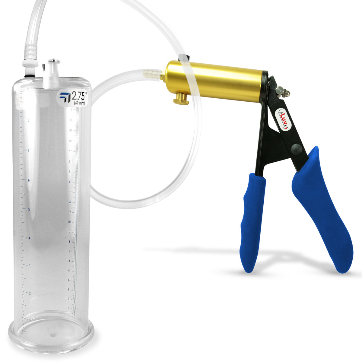Ultima Brass Blue Silicone Grip, Clear Hose | Penis Pump + 9" x 2.75" Cylinder