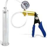 Ultima Brass Blue Silicone Grip, Clear Hose | Penis Pump + Gauge | 9" x 1.35" Cylinder