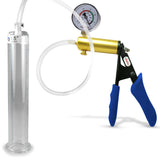 Ultima Brass Blue Silicone Grip, Clear Hose | Penis Pump + Gauge | 9" x 1.50" Cylinder