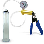 Ultima Brass Blue Silicone Grip, Clear Hose | Penis Pump + Gauge | 9" x 1.75" Wide Flange Cylinder