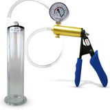 Ultima Brass Blue Silicone Grip, Clear Hose | Penis Pump + Gauge | 9" x 2.00" Wide Flange Cylinder