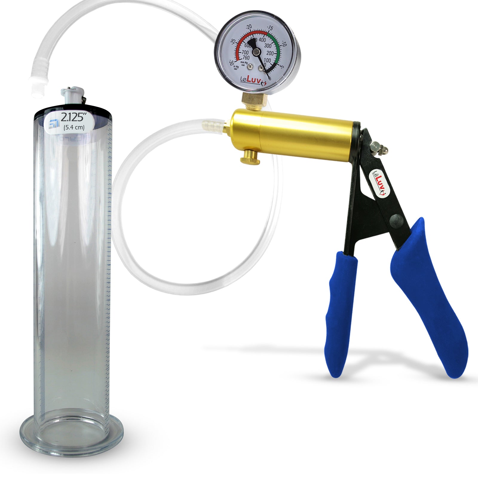 Ultima Brass Blue Silicone Grip, Clear Hose | Penis Pump + Gauge | 9" x 2.125" Wide Flange Cylinder