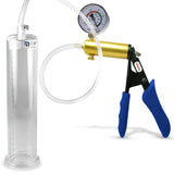 Ultima Brass Blue Silicone Grip, Clear Hose | Penis Pump + Gauge | 9" x 2.125" Cylinder