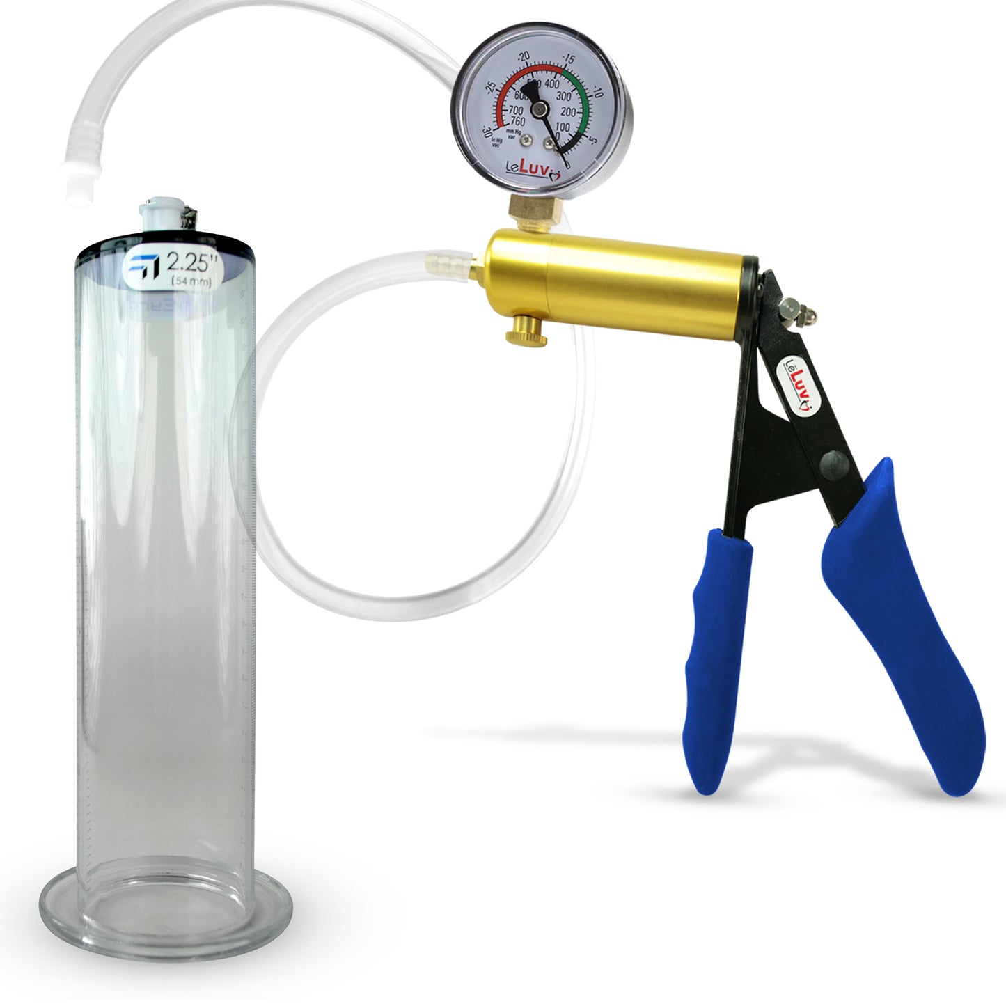 Ultima Brass Blue Silicone Grip, Clear Hose | Penis Pump + Gauge | 9" x 2.25" Wide Flange Cylinder