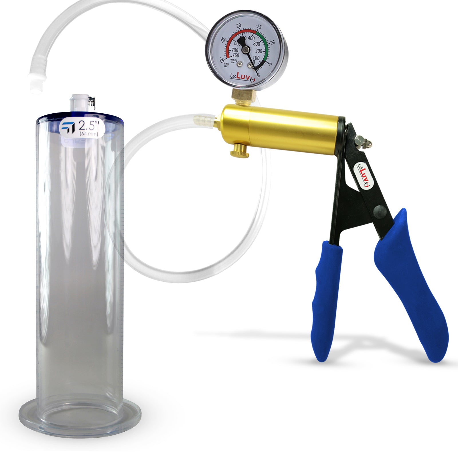 Ultima Brass Blue Silicone Grip, Clear Hose | Penis Pump + Gauge | 9" x 2.50" Wide Flange Cylinder
