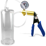 Ultima Brass Blue Silicone Grip, Clear Hose | Penis Pump + Gauge | 9" x 3.70" Cylinder