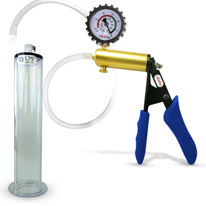 Ultima Brass Blue Silicone Grip, Clear Hose | Penis Pump + Protected Gauge | 9" x 1.75" Wide Flange Cylinder