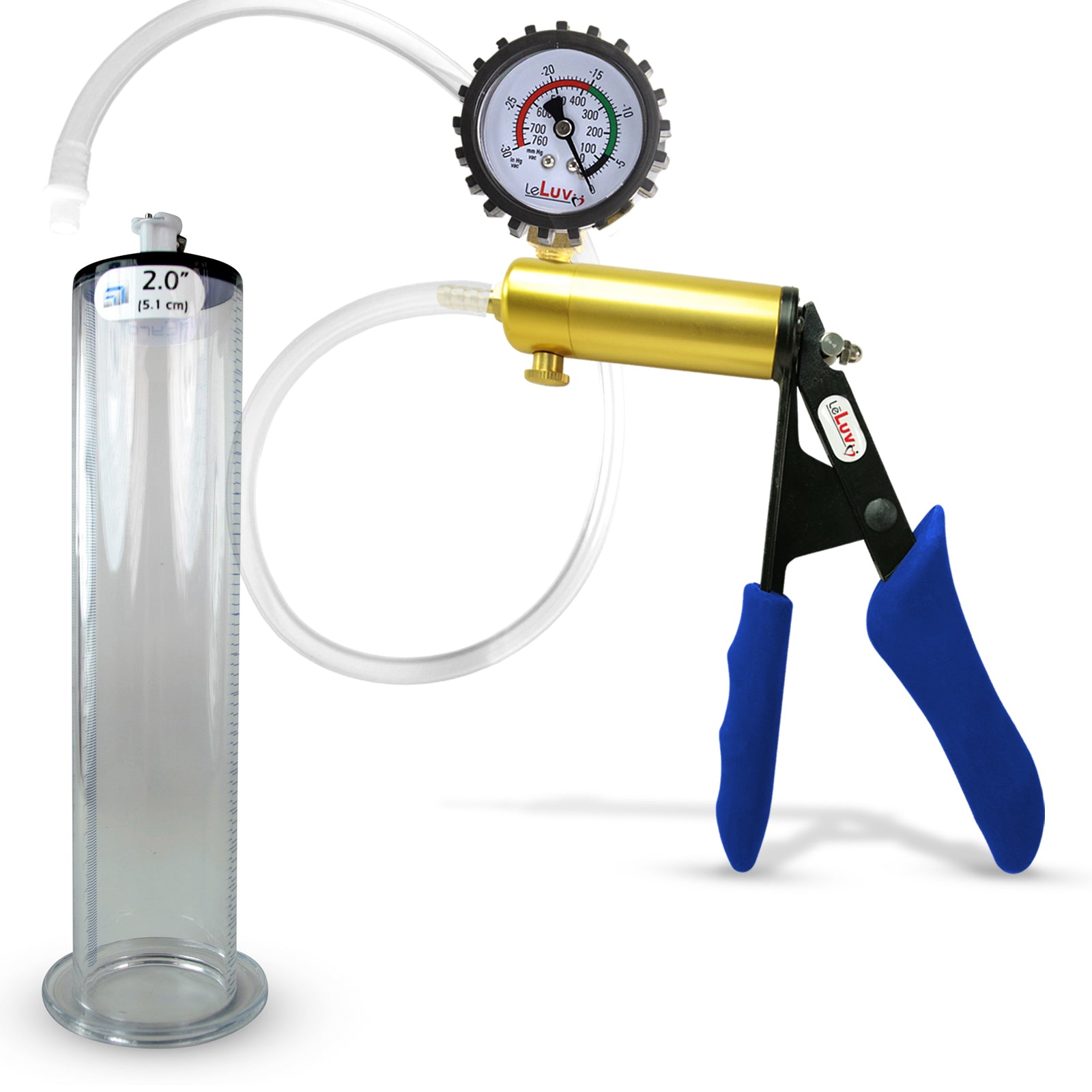 Ultima Brass Blue Silicone Grip, Clear Hose | Penis Pump + Protected Gauge | 9" x 2.00" Wide Flange Cylinder