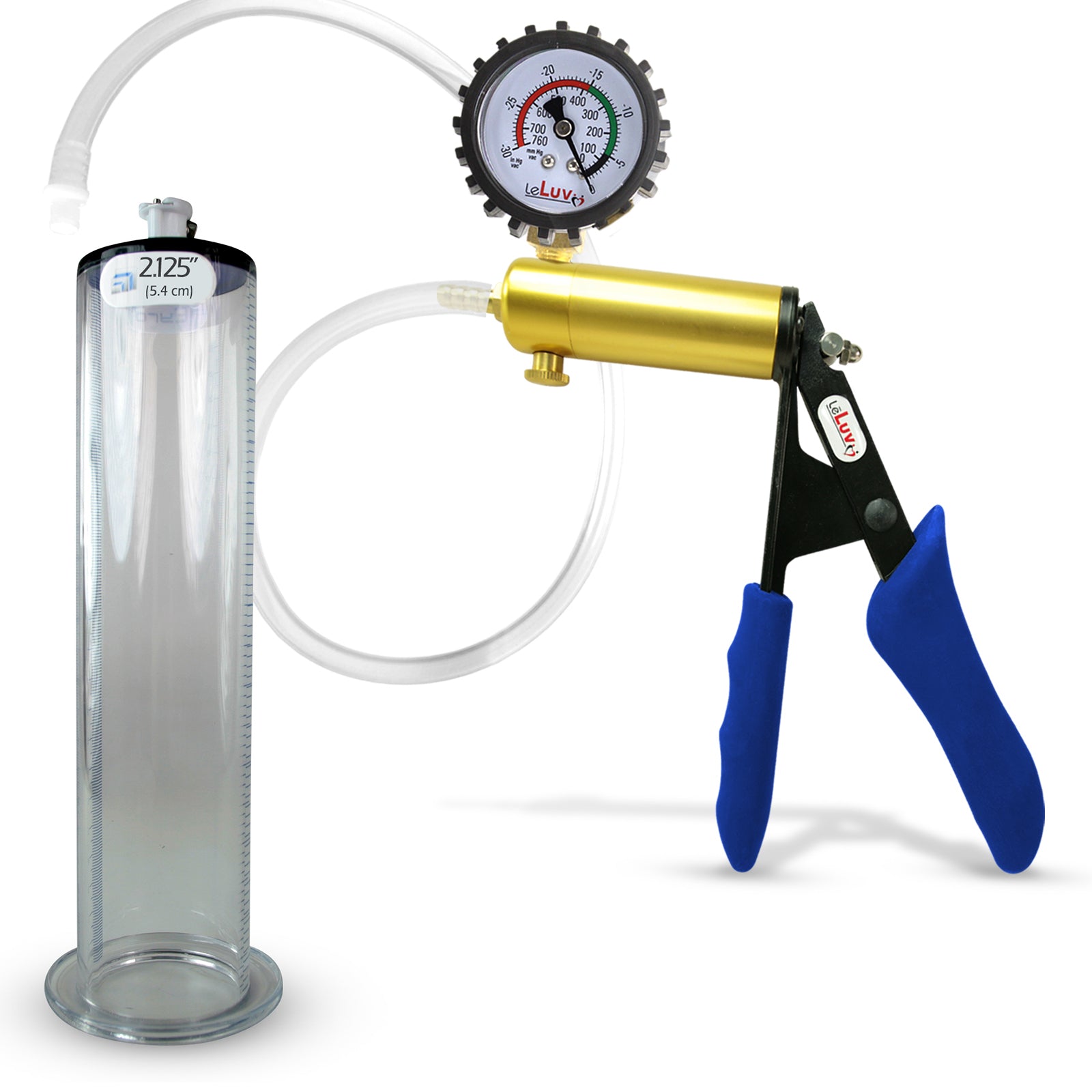 Ultima Brass Blue Silicone Grip, Clear Hose | Penis Pump + Protected Gauge | 9" x 2.125" Wide Flange Cylinder