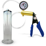 Ultima Brass Blue Silicone Grip, Clear Hose | Penis Pump + Protected Gauge | 9" x 2.25" Wide Flange Cylinder
