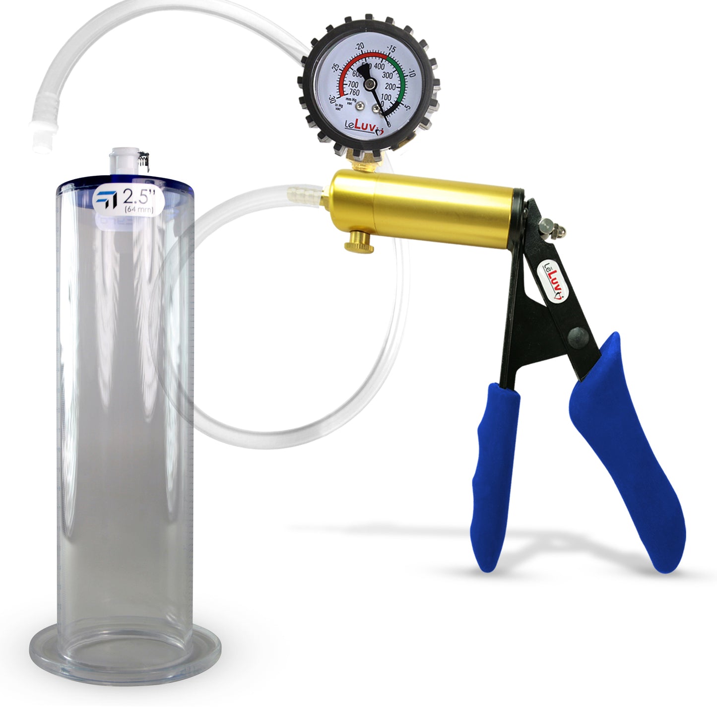 Ultima Brass Blue Silicone Grip, Clear Hose | Penis Pump + Protected Gauge | 9" x 2.50" Wide Flange Cylinder