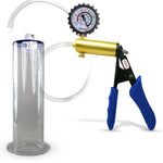 Ultima Brass Blue Silicone Grip, Clear Hose | Penis Pump + Protected Gauge | 9" x 2.50" Wide Flange Cylinder