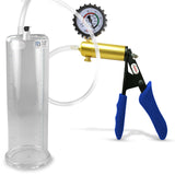 Ultima Brass Blue Silicone Grip, Clear Hose | Penis Pump + Protected Gauge | 9" x 3.00"